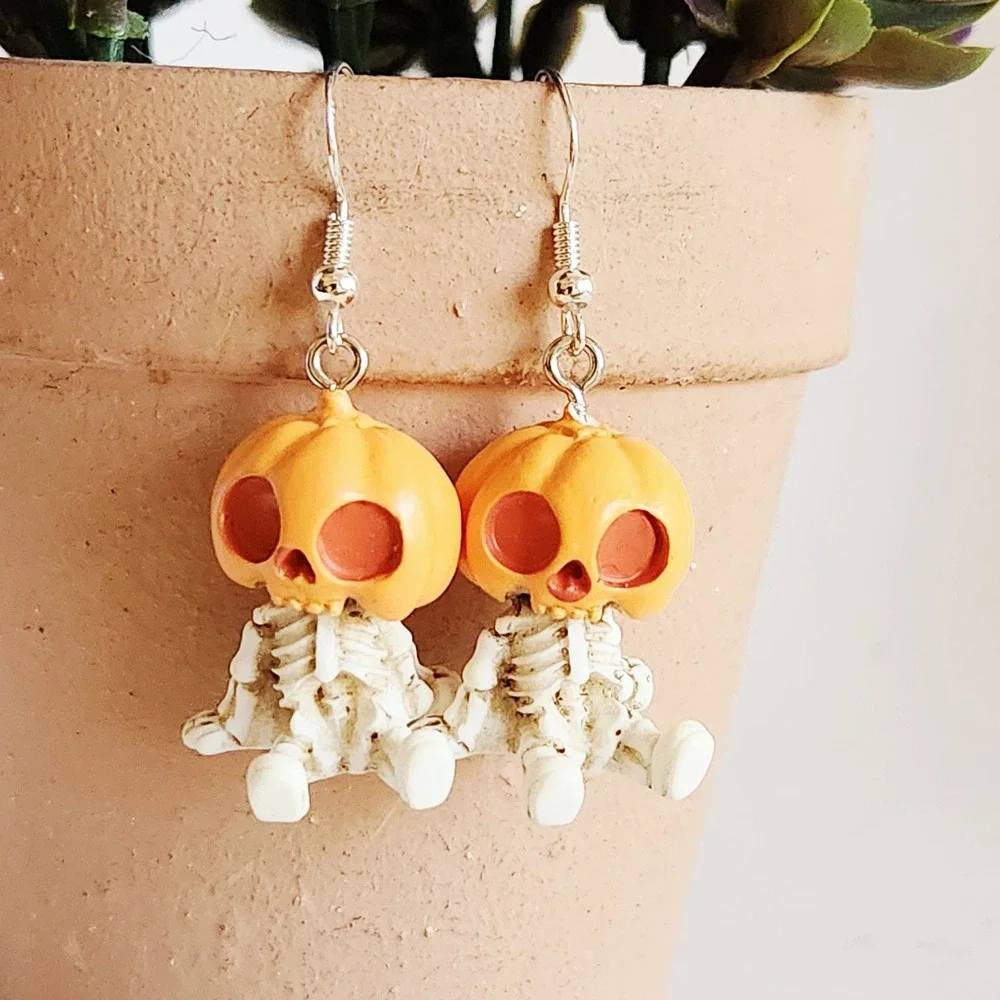 Halloween‎ Pumpkin Head Skeleton Dangle Earrings Orange Jack O Lantern Spooky